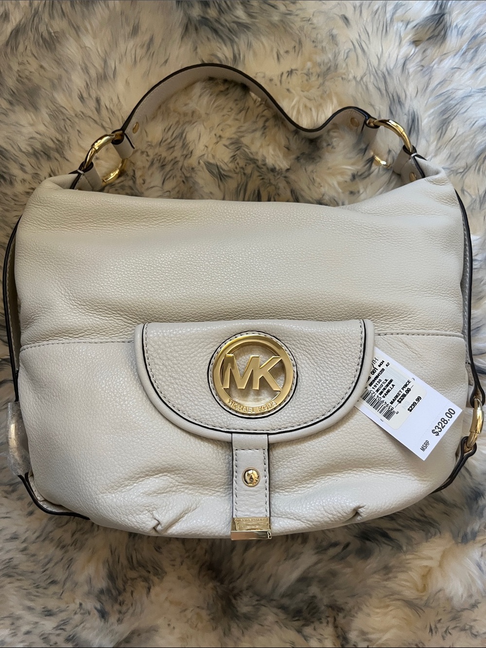 NEW Michael Kors Cream Pebbled Leather Shoulder Bag with Gold MK Medallion